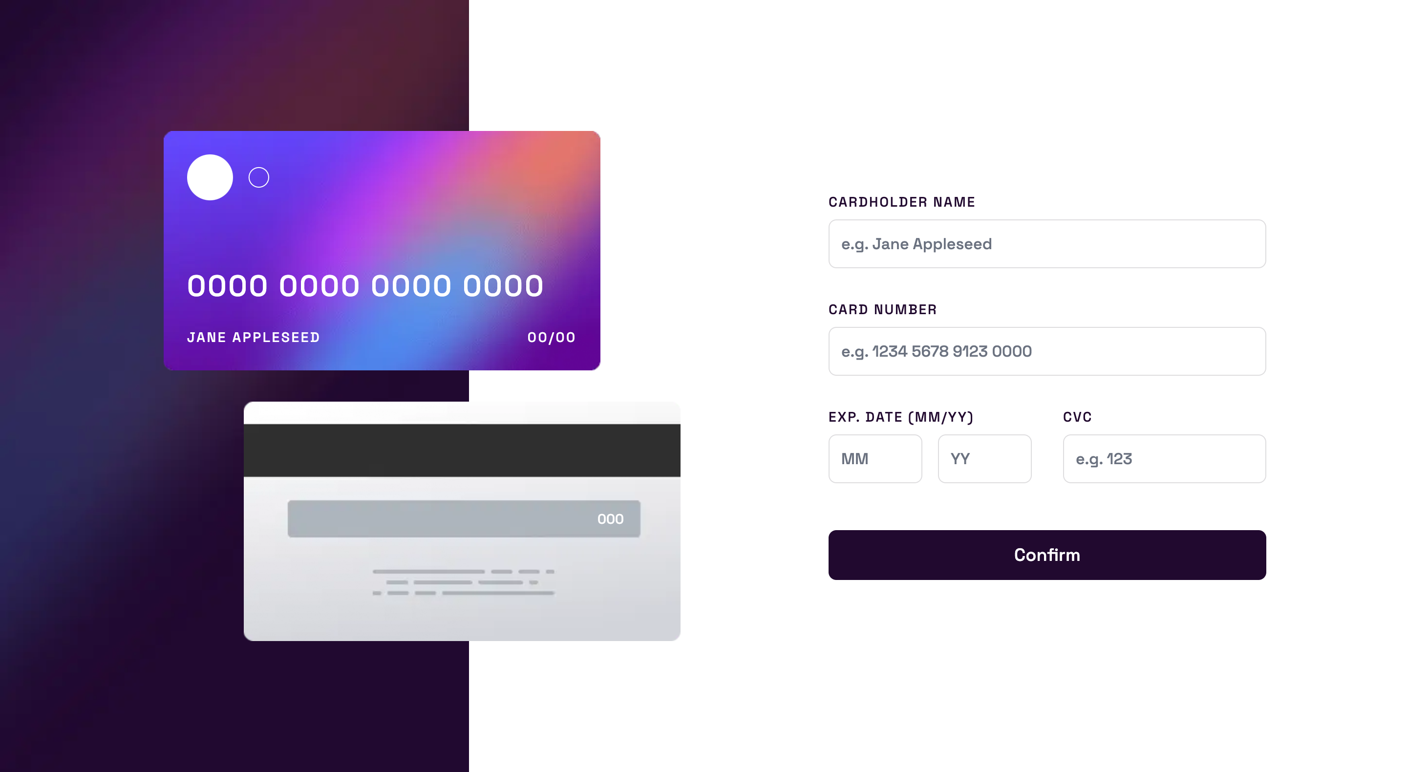 Screenshot of an interactive credit card form web interface